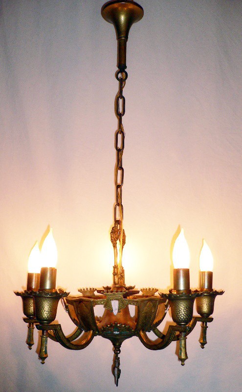 SOLD Gorgeous Antique Cast Brass Chandelier with Original Polychrome Finish-14018