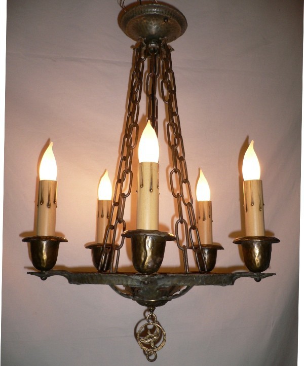 SOLD Striking Early 1900’s Antique Five Light Cast Iron Chandelier, Dogs-0