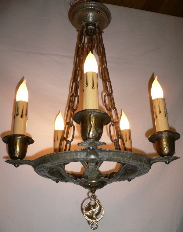 SOLD Striking Early 1900’s Antique Five Light Cast Iron Chandelier, Dogs-13647