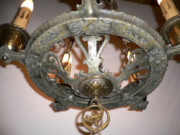 SOLD Striking Early 1900’s Antique Five Light Cast Iron Chandelier, Dogs-13648