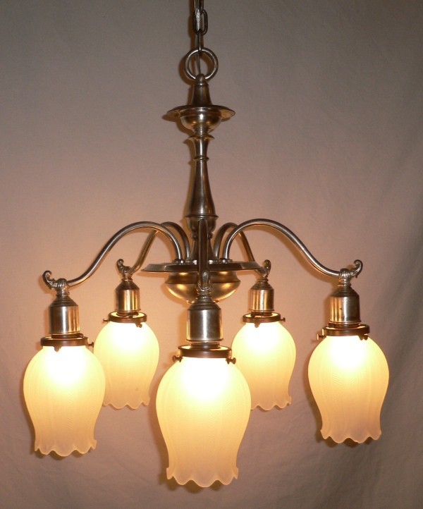 SOLD Elegant Antique Silver Plate and Brass Chandelier, Tulip Shades-0