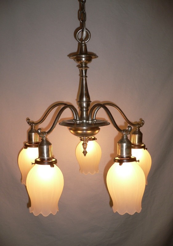 SOLD Elegant Antique Silver Plate and Brass Chandelier, Tulip Shades-14130
