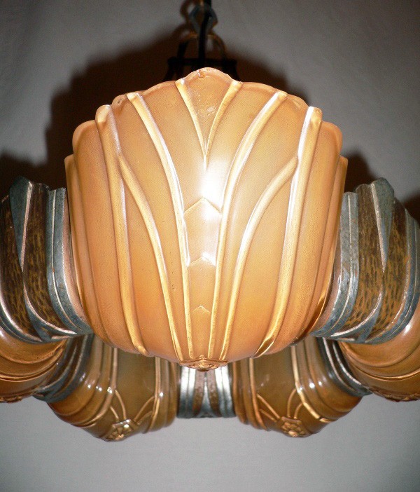 SOLD Fantastic Antique Art Deco Slide Shade Chandelier, Markel-14236