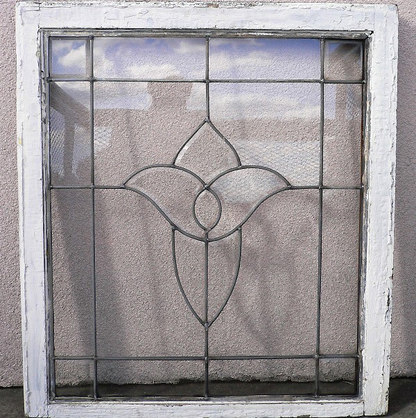 SOLD Marvelous Antique Leaded Glass Window with Stylized Iris Flower-14255