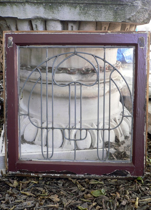 SOLD Elegant Antique Art Nouveau Leaded Glass Window with Stylized Mushroom-0