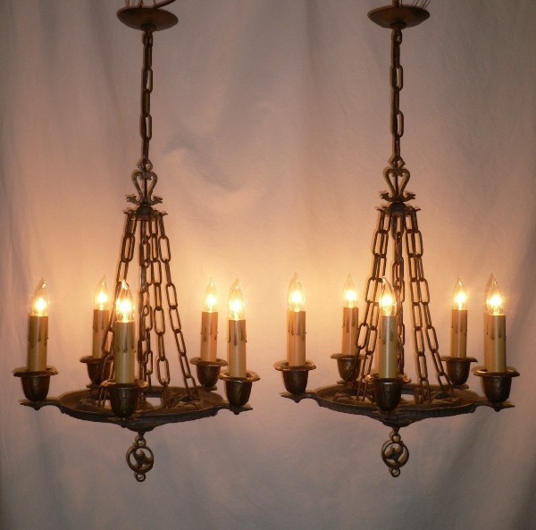 SOLD Fabulous Pair of Antique Figural Hammered Iron Chandeliers, Matching Three-Light Available-0
