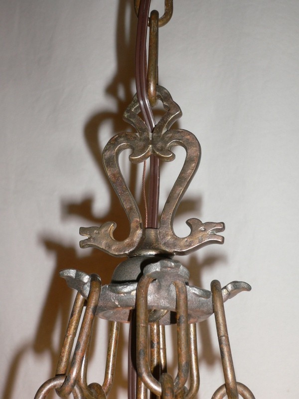 SOLD Fabulous Pair of Antique Figural Hammered Iron Chandeliers, Matching Three-Light Available-14346