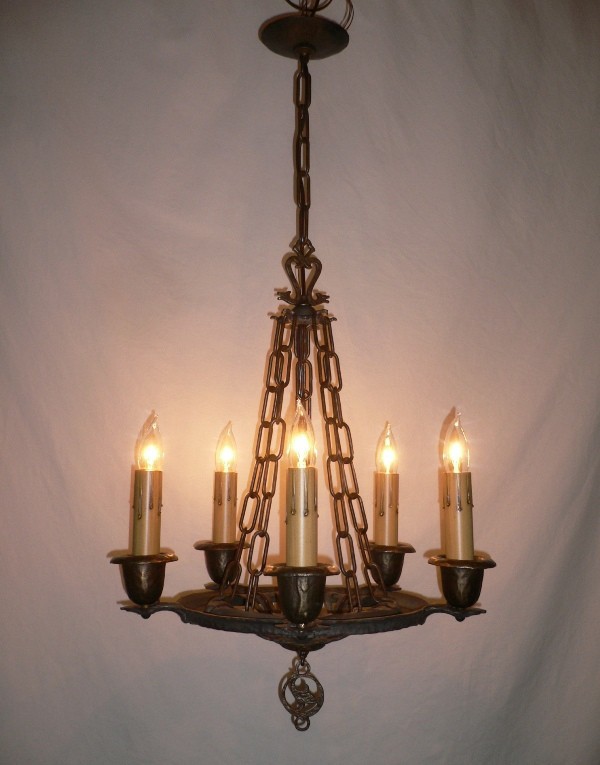 SOLD Fabulous Pair of Antique Figural Hammered Iron Chandeliers, Matching Three-Light Available-14351