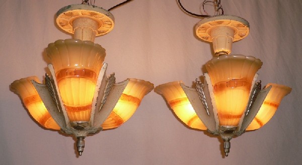 SOLD Marvelous Pair of Antique Art Deco Slip Shade Three Light Semi-flush Chandeliers, Markel Co.-0