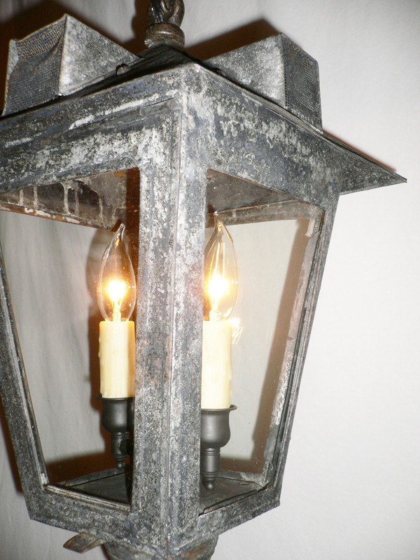 SOLD Gorgeous Mid to Late 19th Century Two Light Iron Lantern Style Exterior Pendant-14500
