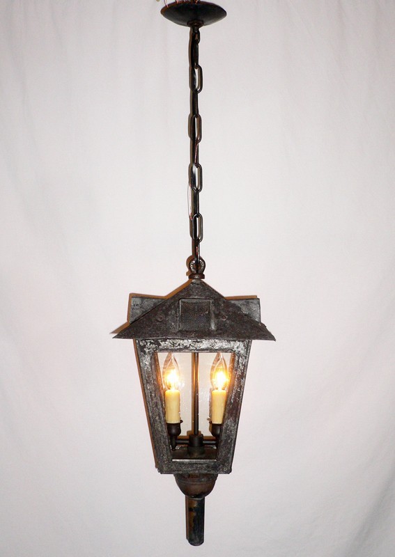 SOLD Gorgeous Mid to Late 19th Century Two Light Iron Lantern Style Exterior Pendant-14505
