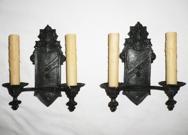 SOLD Regal Pair of Double Arm Brass Sconces with Figural Knights-0