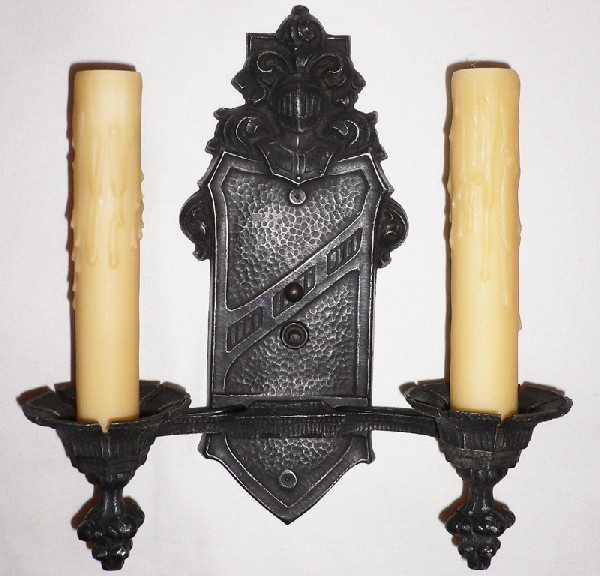 SOLD Regal Pair of Double Arm Brass Sconces with Figural Knights-14597