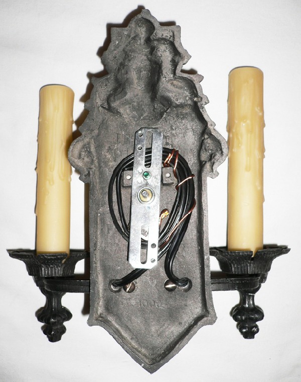 SOLD Regal Pair of Double Arm Brass Sconces with Figural Knights-14602
