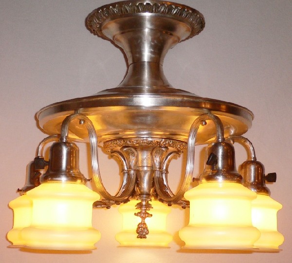 SOLD Signed Quoizel Shades, Spectacular Silver Plated Antique Five Light Semi-Flush Mount Chandelier-0