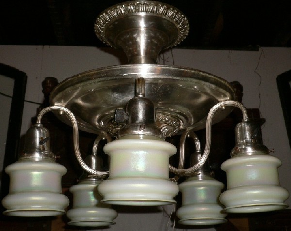 SOLD Signed Quoizel Shades, Spectacular Silver Plated Antique Five Light Semi-Flush Mount Chandelier-14709