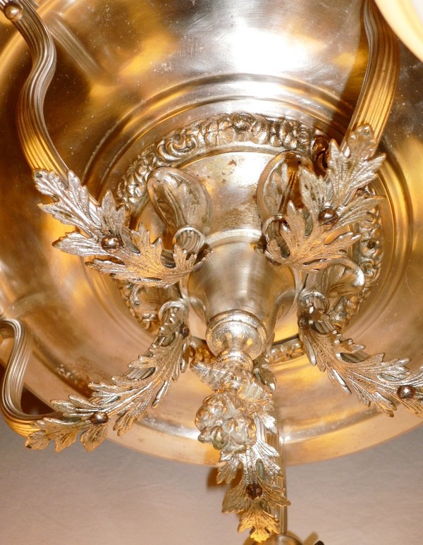 SOLD Signed Quoizel Shades, Spectacular Silver Plated Antique Five Light Semi-Flush Mount Chandelier-14713