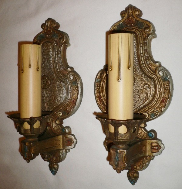 SOLD Charming Pair of Antique Iron Sconces, Polychrome Finish-0