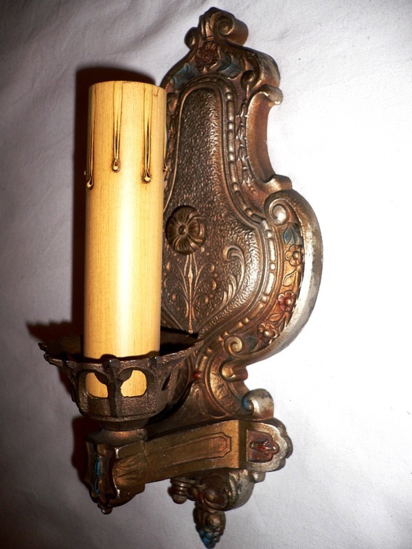 SOLD Charming Pair of Antique Iron Sconces, Polychrome Finish-14756
