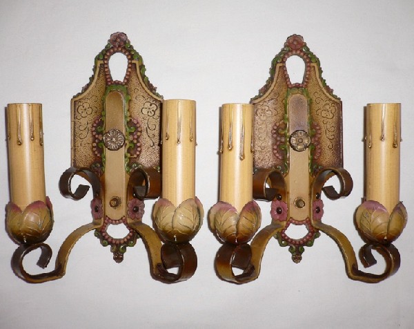 SOLD Dainty Antique Polychrome Earth-Toned Double-Arm Sconces Made by Lincoln Co.-0