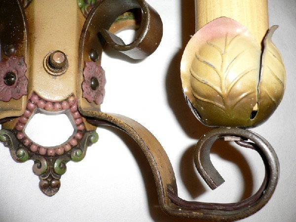 SOLD Dainty Antique Polychrome Earth-Toned Double-Arm Sconces Made by Lincoln Co.-14799