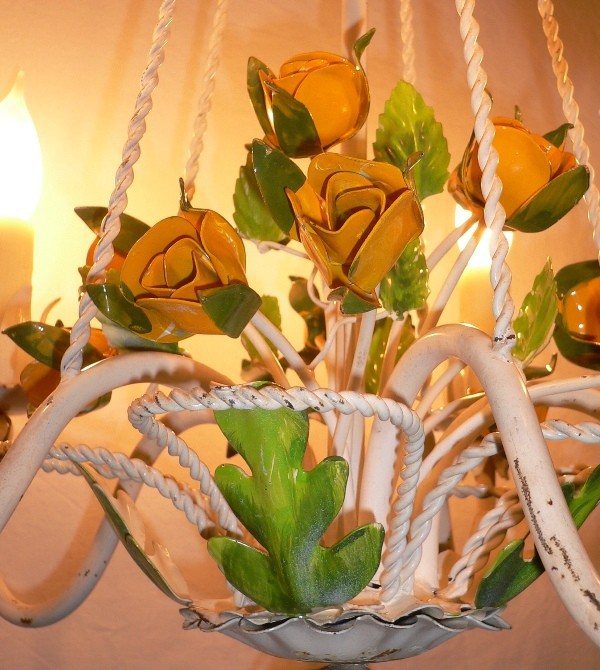 SOLD Gorgeous Vintage 1950s Yellow Rose Italian Tole Chandelier-14852
