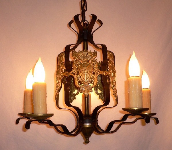 SOLD Marvelous Five Light Spanish Revival Antique Iron Chandelier with Ships and Shields-0