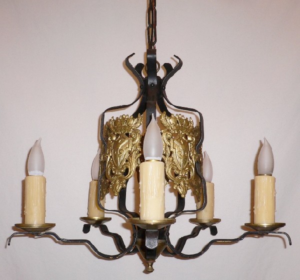 SOLD Marvelous Five Light Spanish Revival Antique Iron Chandelier with Ships and Shields-14969