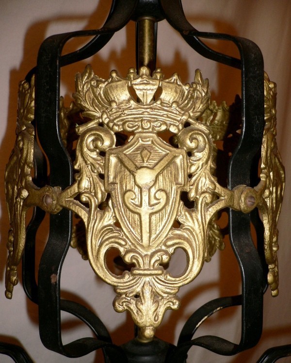SOLD Marvelous Five Light Spanish Revival Antique Iron Chandelier with Ships and Shields-14972