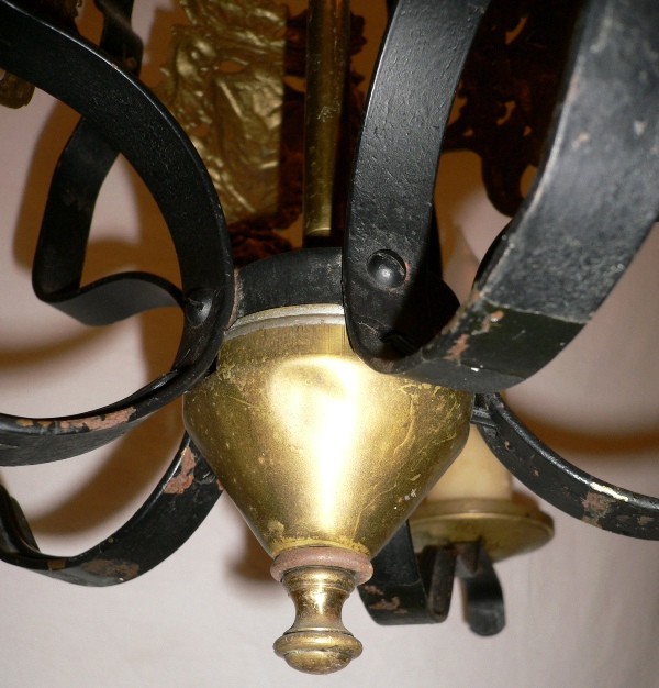 SOLD Marvelous Five Light Spanish Revival Antique Iron Chandelier with Ships and Shields-14973