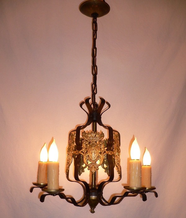 SOLD Marvelous Five Light Spanish Revival Antique Iron Chandelier with Ships and Shields-14975