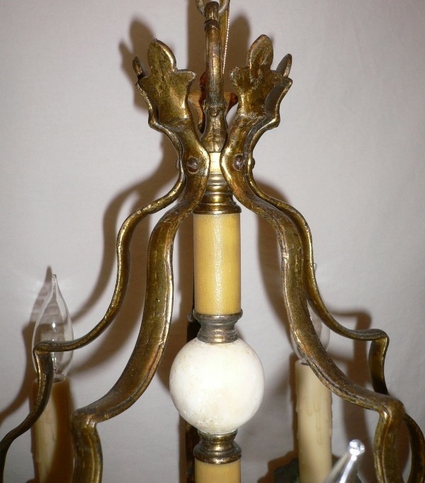 SOLD Magnificent Five Light Antique Bronze Chandelier featuring Marble and Bakelite Accents-14994