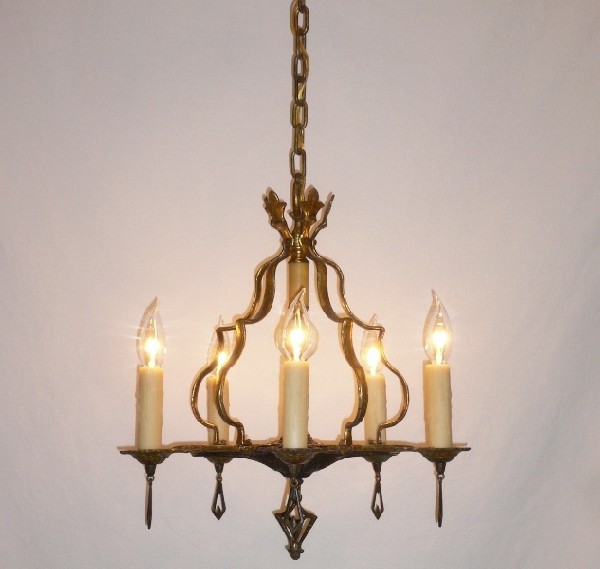 SOLD Magnificent Five Light Antique Bronze Chandelier featuring Marble and Bakelite Accents-14995
