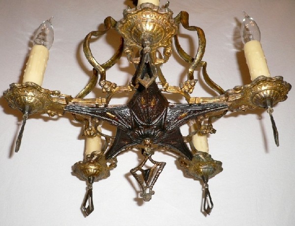SOLD Magnificent Five Light Antique Bronze Chandelier featuring Marble and Bakelite Accents-14997