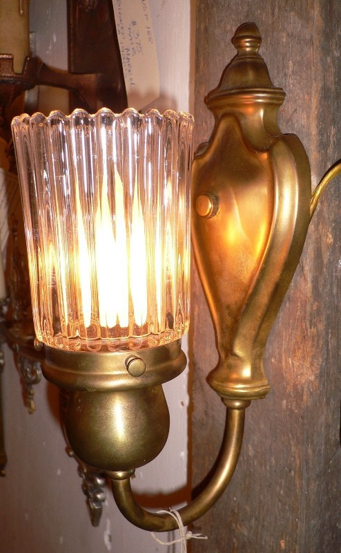 SOLD Elegant Pair of Antique Brass Sconces with Unusual Ribbed Glass Shades-15049