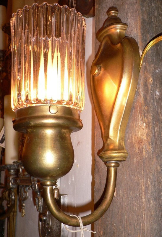 SOLD Elegant Pair of Antique Brass Sconces with Unusual Ribbed Glass Shades-15050