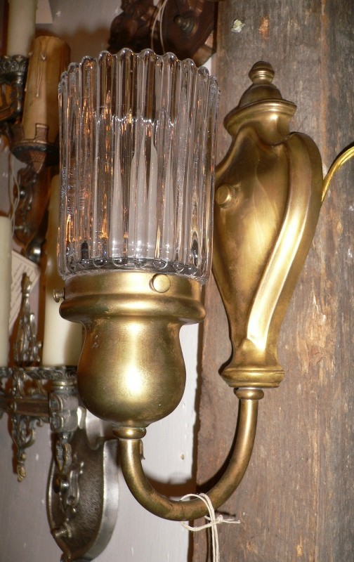 SOLD Elegant Pair of Antique Brass Sconces with Unusual Ribbed Glass Shades-15051