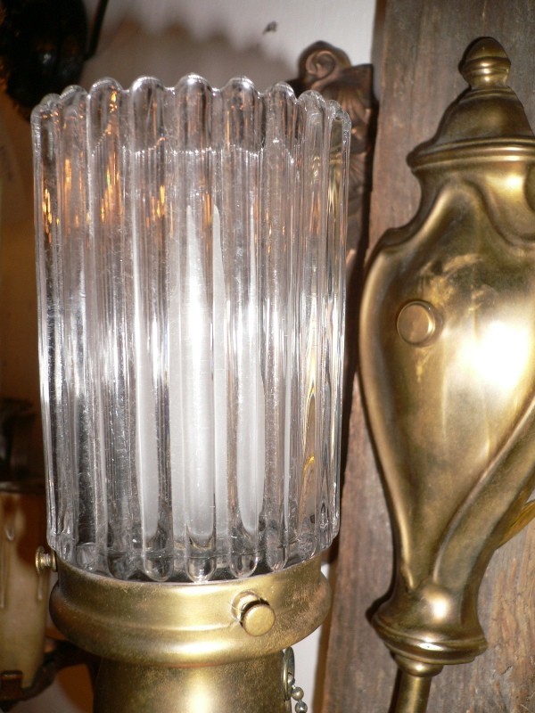 SOLD Elegant Pair of Antique Brass Sconces with Unusual Ribbed Glass Shades-15052