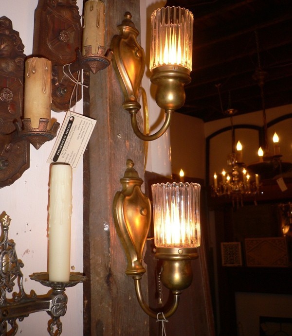 SOLD Elegant Pair of Antique Brass Sconces with Unusual Ribbed Glass Shades-15053