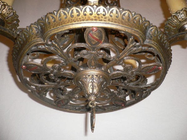 SOLD Eye-catching Antique Bronzed Iron Tudor Chandelier, Globe Co.-15101