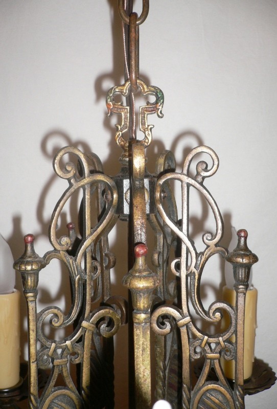 SOLD Eye-catching Antique Bronzed Iron Tudor Chandelier, Globe Co.-15102