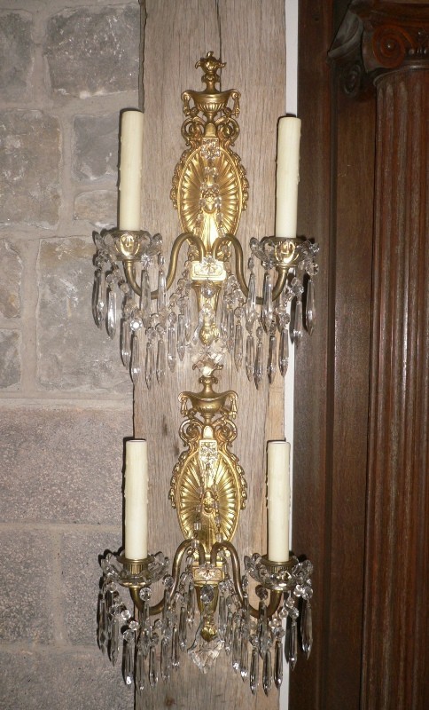 SOLD Extraordinary Pair of Antique Georgian Gilded Bronze and Crystal Sconces-0