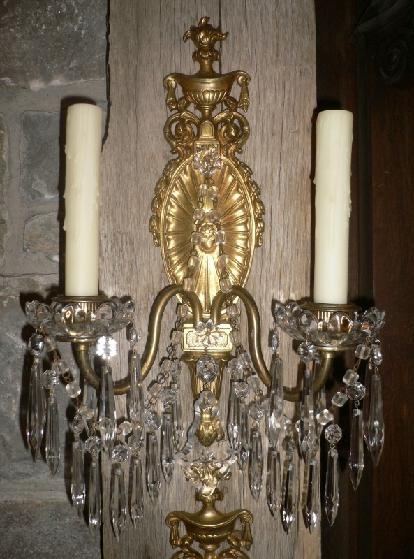 SOLD Extraordinary Pair of Antique Georgian Gilded Bronze and Crystal Sconces-15107