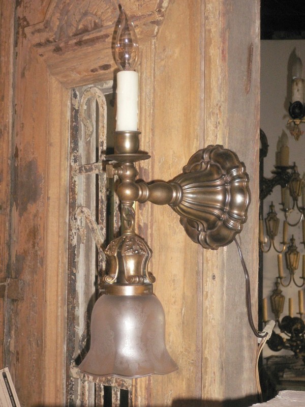 SOLD Striking Pair of Sheffield Style Gas and Electric Sconces, Original Etched Shades-15124