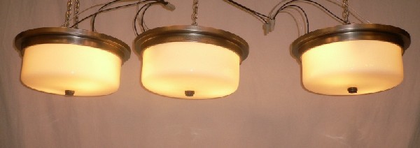 SOLD Three Matching Antique Brushed Nickel and Glass Flush Mount Pendants-0