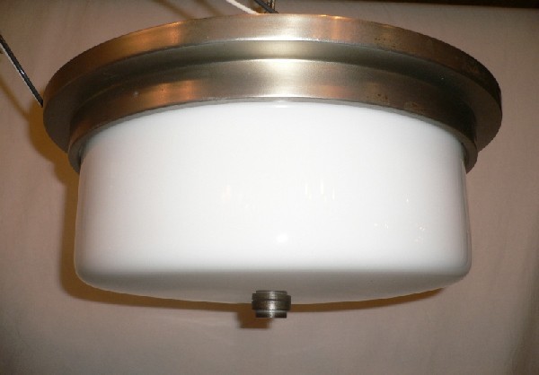 SOLD Three Matching Antique Brushed Nickel and Glass Flush Mount Pendants-15188
