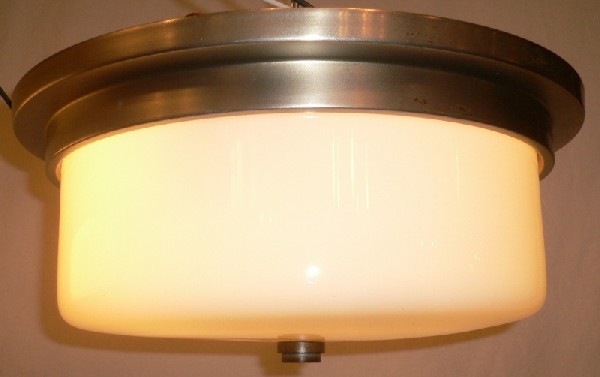 SOLD Three Matching Antique Brushed Nickel and Glass Flush Mount Pendants-15190