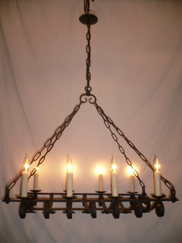 SOLD Large Elongated Iron Chandelier from an Antique Window Guard-0