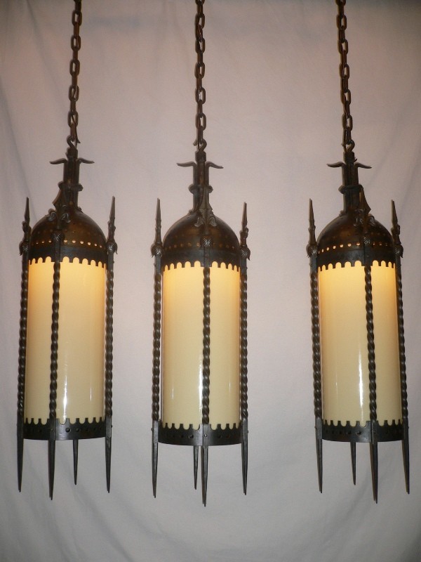 SOLD Out This World Set of Three Matching Antique Gothic Revival Iron Lanterns-0