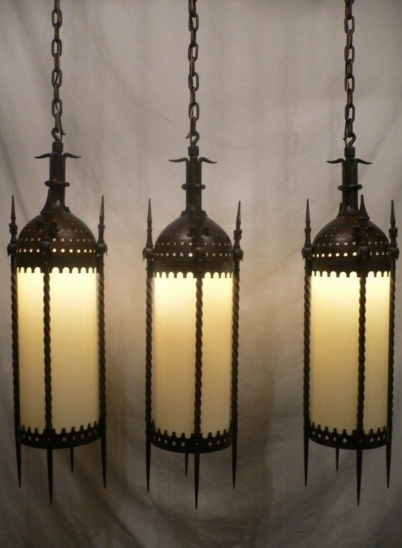 SOLD Out This World Set of Three Matching Antique Gothic Revival Iron Lanterns-15237